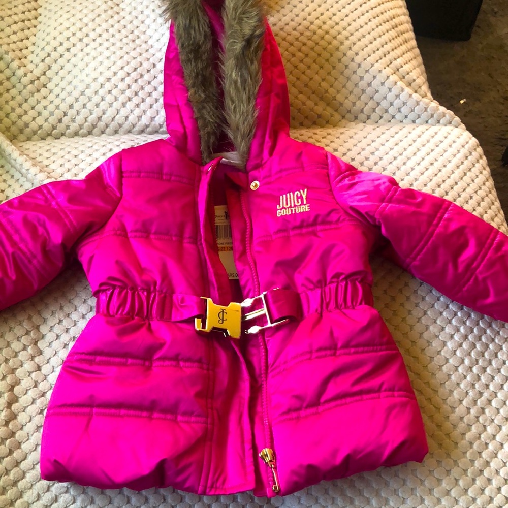 Juicy Couture NWT 12m adorable hot pink/fushia warm down puff jacket with fur